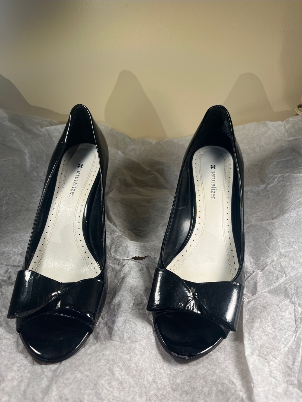 Naturalizer Black Patent Peep-Toe Heels with Bow Accent